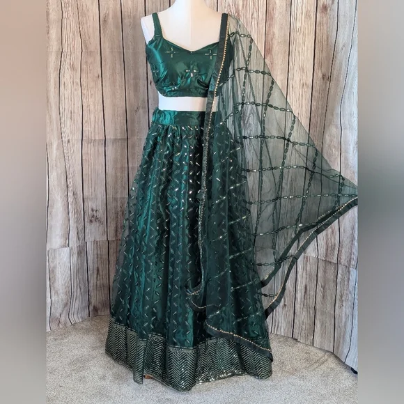 Elegant Emerald Green Lehenga Choli Set - Picture 1 of 14